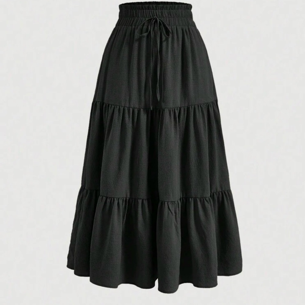 SHEIN Black Tiered Maxi Skirt with Drawstring Waist